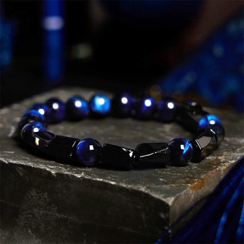 Buddha Stones Blue Tiger Eye Black Tourmaline Strength Bracelet