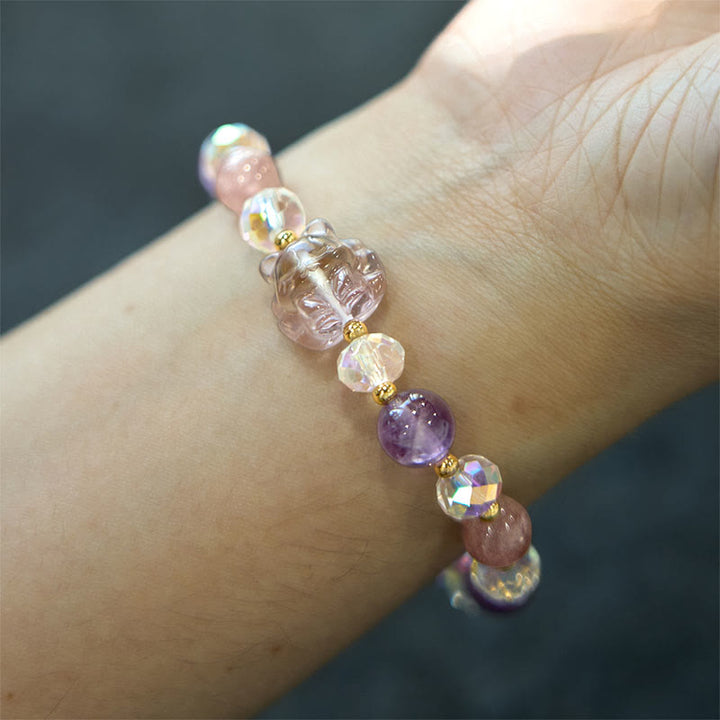 Buddha Stones Amethyst Strawberry Quartz White Crystal Nine-tailed Fox Meditation Bracelet