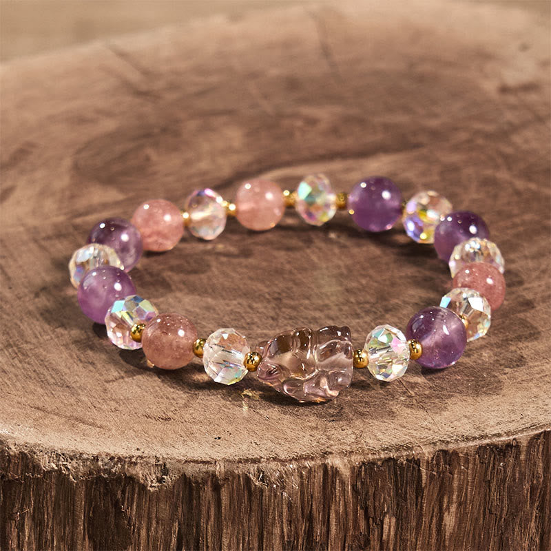 Buddha Stones Amethyst Strawberry Quartz White Crystal Nine Tailed Fox Meditation Bracelet