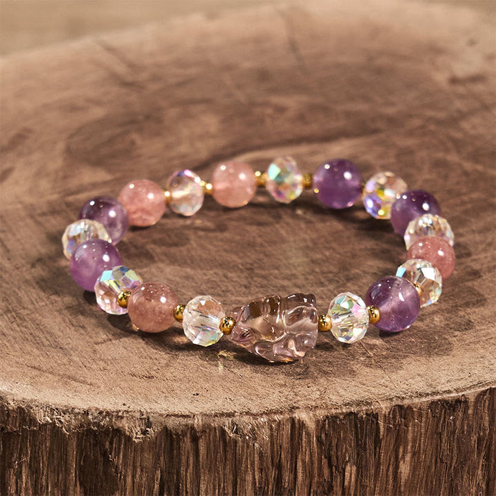 Buddha Stones Amethyst Strawberry Quartz White Crystal Nine Tailed Fox Meditation Bracelet