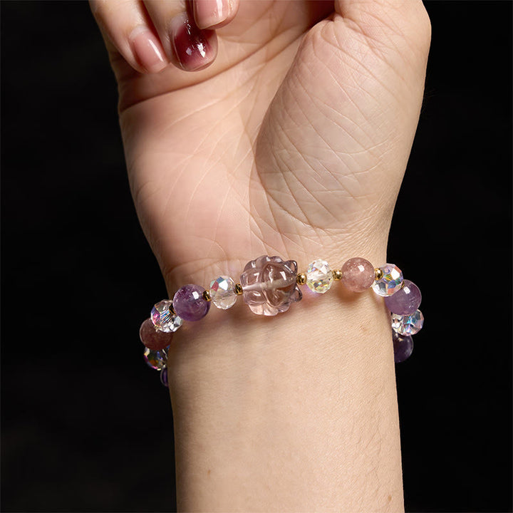 Buddha Stones Amethyst Strawberry Quartz White Crystal Nine-tailed Fox Meditation Bracelet