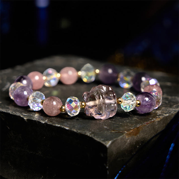 Buddha Stones Amethyst Strawberry Quartz White Crystal Nine Tailed Fox Meditation Bracelet
