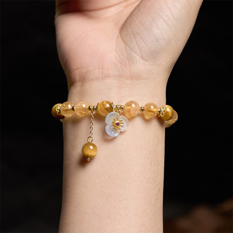 Buddha Stones Citrine Tiger Eye Flower Charm Generosity Bracelet