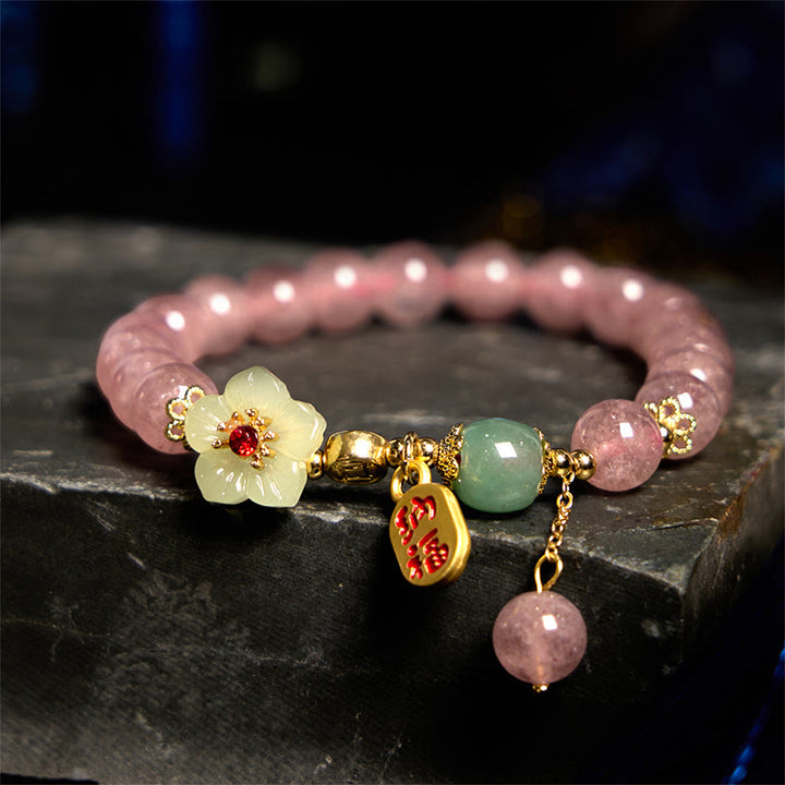 Buddha Stones Natural Strawberry Quartz Blossom Fu Character Positivity Healing Bracelet