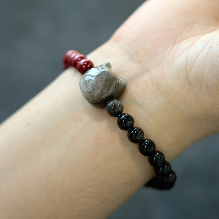 Buddha Stones Black Obsidian Cinnabar Silver Sheen Obsidian Cat Fulfilment Bracelet