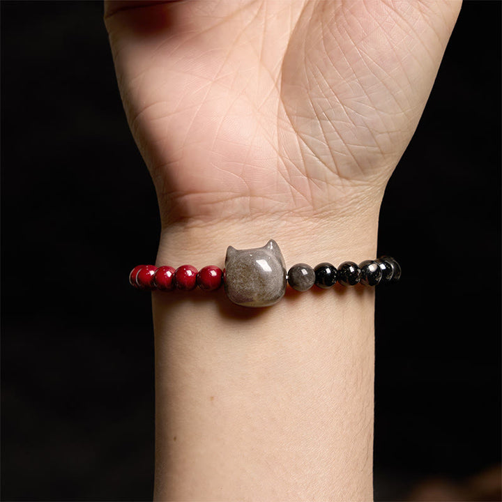 Buddha Stones Black Obsidian Cinnabar Silver Sheen Obsidian Cat Fulfilment Bracelet - image 5