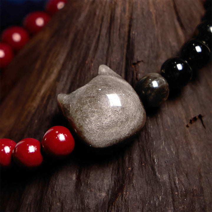 Buddha Stones Black Obsidian Cinnabar Silver Sheen Obsidian Cat Fulfilment Bracelet - image 3