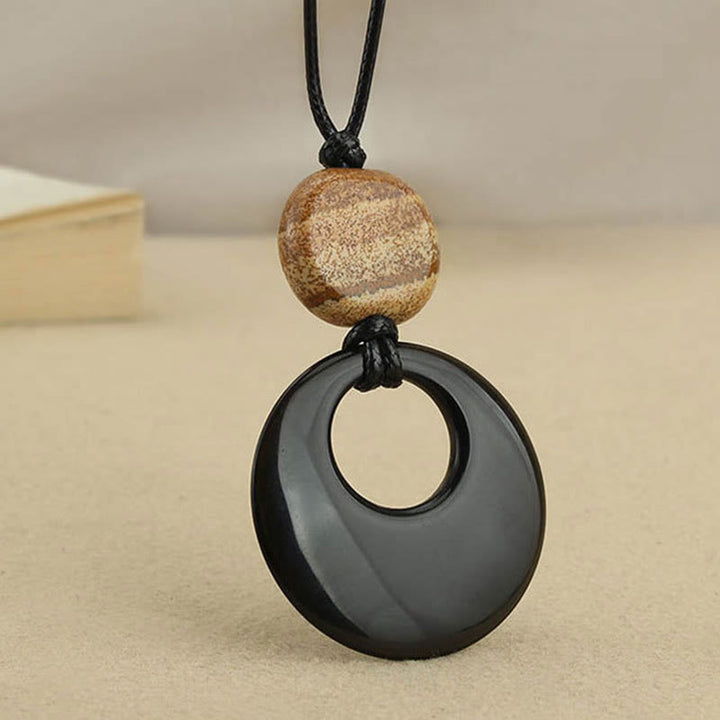 Buddha Stones Black Obsidian Liuli Picture Stone Copper Fulfilment Necklace Pendant