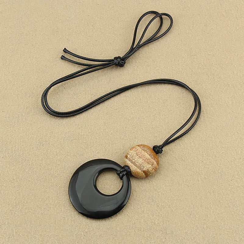 Buddha Stones Black Obsidian Liuli Picture Stone Copper Fulfilment Necklace Pendant