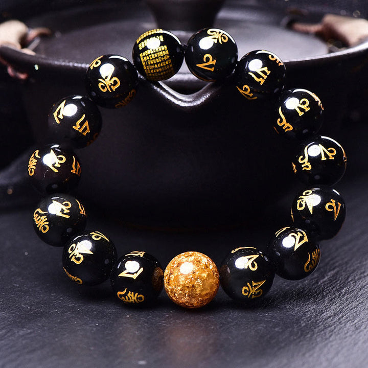 Buddha Stones Six True Words Om Mani Padme Hum Rainbow Obsidian Gold Foil Creativity Bracelet