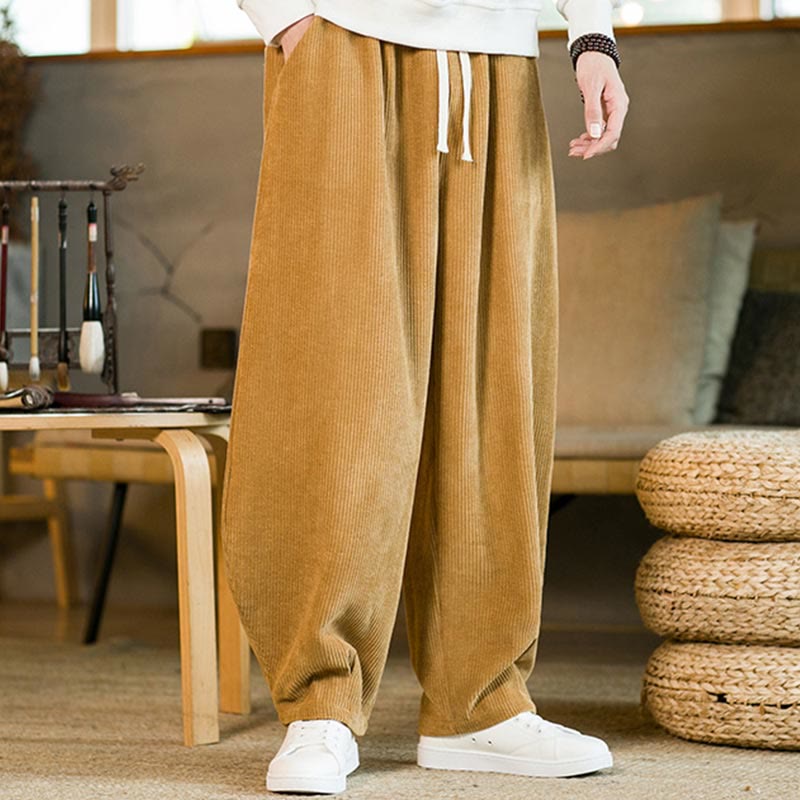 Buddha Stones Fall Winter Men's Drawstring Corduroy Harem Pants With Pockets