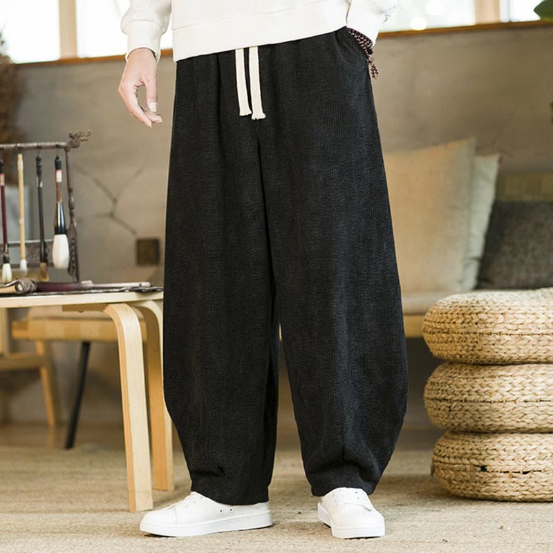 Buddha Stones Fall Winter Men's Drawstring Corduroy Harem Pants With Pockets