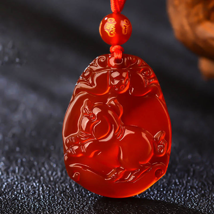 Buddha Stones Chinese Zodiac Red Agate Calm Necklace Pendant