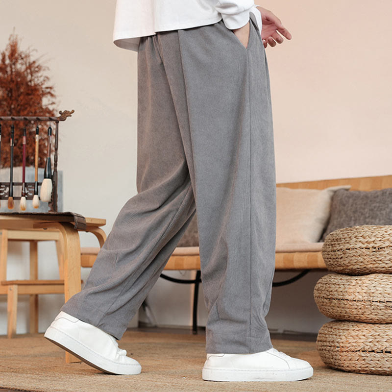 Buddha Stones Fall Winter Men's Drawstring Corduroy Solid Pants With Pockets - image 3