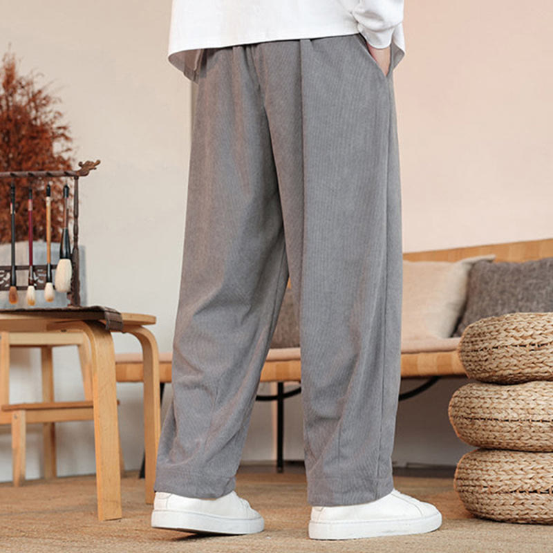 Buddha Stones Fall Winter Men's Drawstring Corduroy Solid Pants With Pockets - image 4