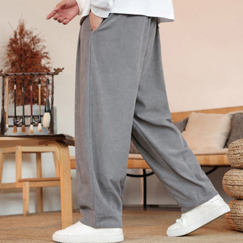 Buddha Stones Fall Winter Men's Drawstring Corduroy Solid Pants With Pockets - image 7