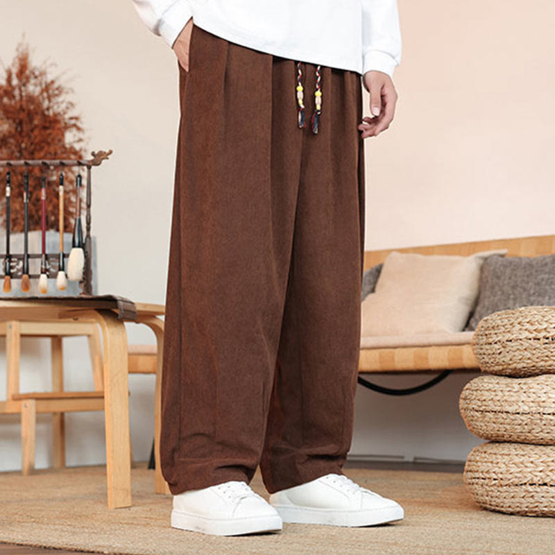 Buddha Stones Fall Winter Men's Drawstring Corduroy Solid Pants With Pockets