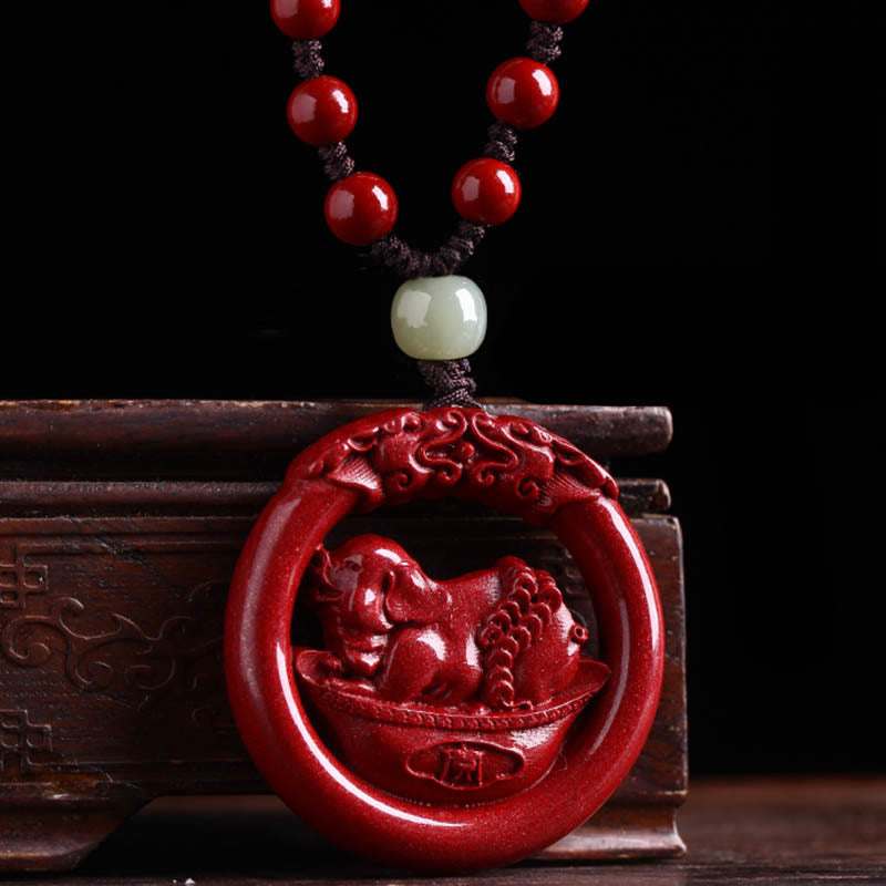 Buddha Stones Chinese Zodiac Cinnabar Hetian Jade Peace Buckle Calm Necklace Pendant