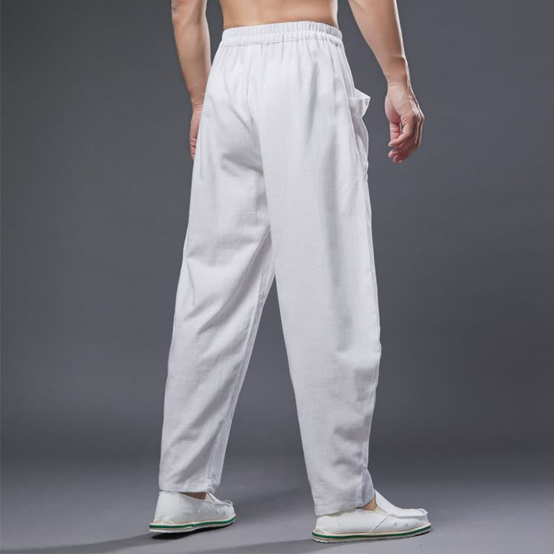 Buddha Stones Solid Color Cotton Ramie Linen Men's Elastic Waist Harem Pants With Pockets - image 4