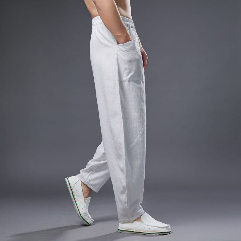 Buddha Stones Solid Color Cotton Ramie Linen Men's Elastic Waist Harem Pants With Pockets - image 3