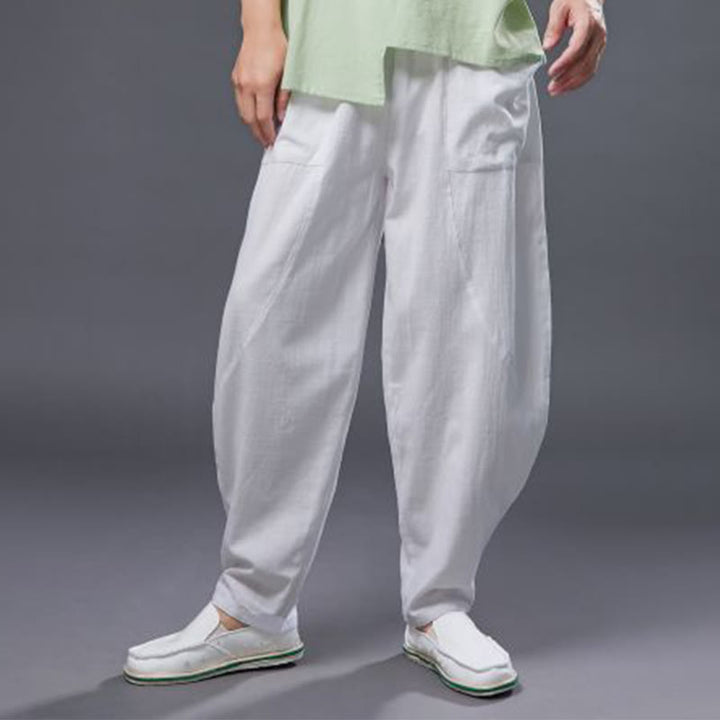 Buddha Stones Solid Color Cotton Ramie Linen Men's Elastic Waist Harem Pants With Pockets - image 6
