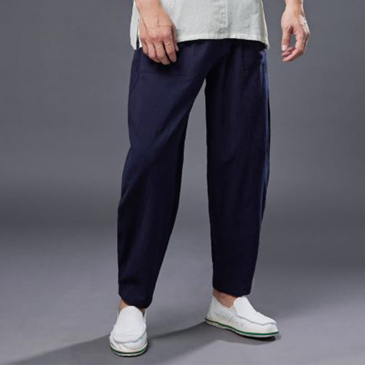 Buddha Stones Solid Color Cotton Ramie Linen Men's Elastic Waist Harem Pants With Pockets - image 17