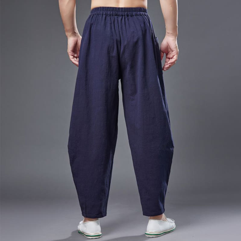 Buddha Stones Solid Color Cotton Ramie Linen Men's Elastic Waist Harem Pants With Pockets - image 14