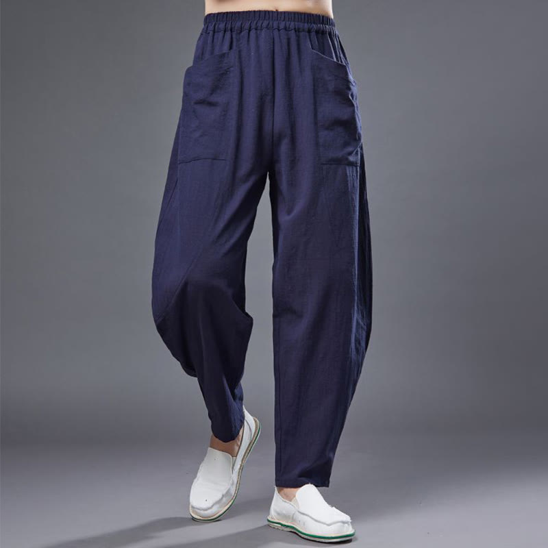 Buddha Stones Solid Color Cotton Ramie Linen Men's Elastic Waist Harem Pants With Pockets - SteelBlue - US/UK/AU38，EU48 (XL) - image 11