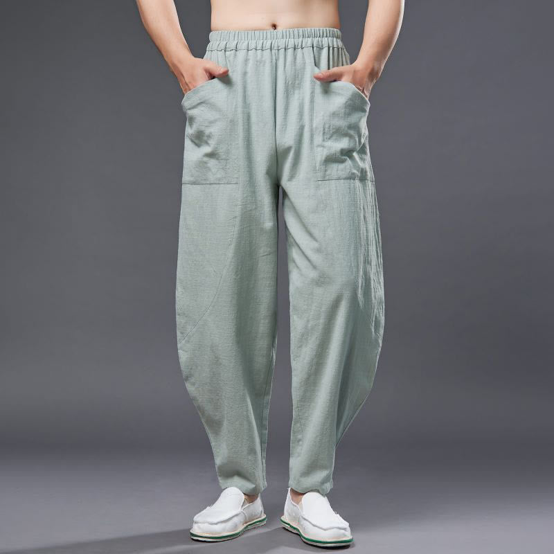 Buddha Stones Solid Color Cotton Ramie Linen Men's Elastic Waist Harem Pants With Pockets - image 21