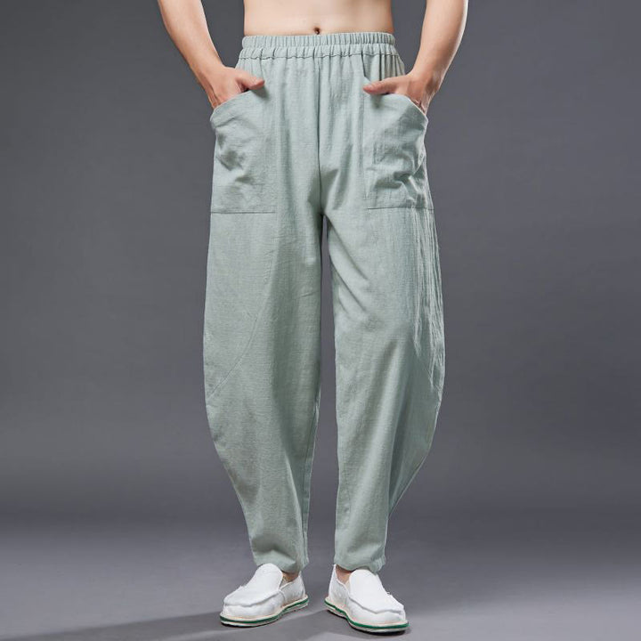 Buddha Stones Solid Color Cotton Ramie Linen Men's Elastic Waist Harem Pants With Pockets - image 21