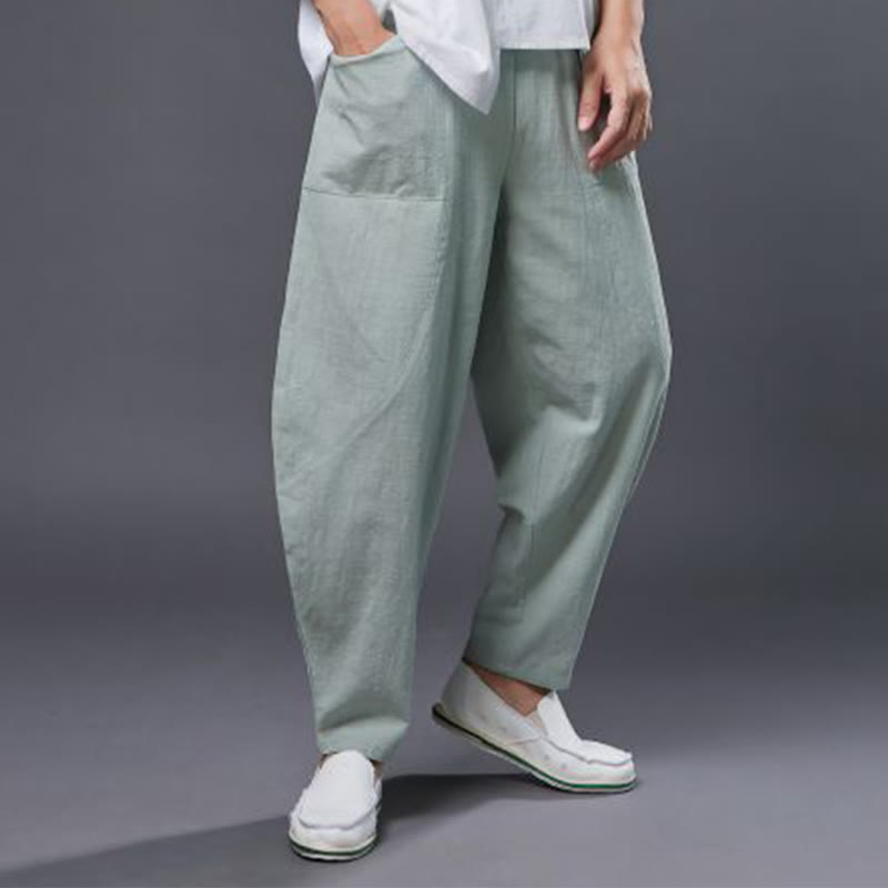 Buddha Stones Solid Color Cotton Ramie Linen Men's Elastic Waist Harem Pants With Pockets - image 26