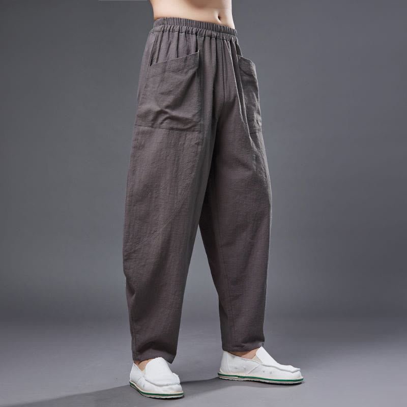 Buddha Stones Solid Color Cotton Ramie Linen Men's Elastic Waist Harem Pants With Pockets