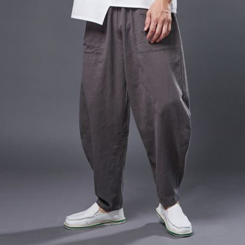 Buddha Stones Solid Color Cotton Ramie Linen Men's Elastic Waist Harem Pants With Pockets - image 39