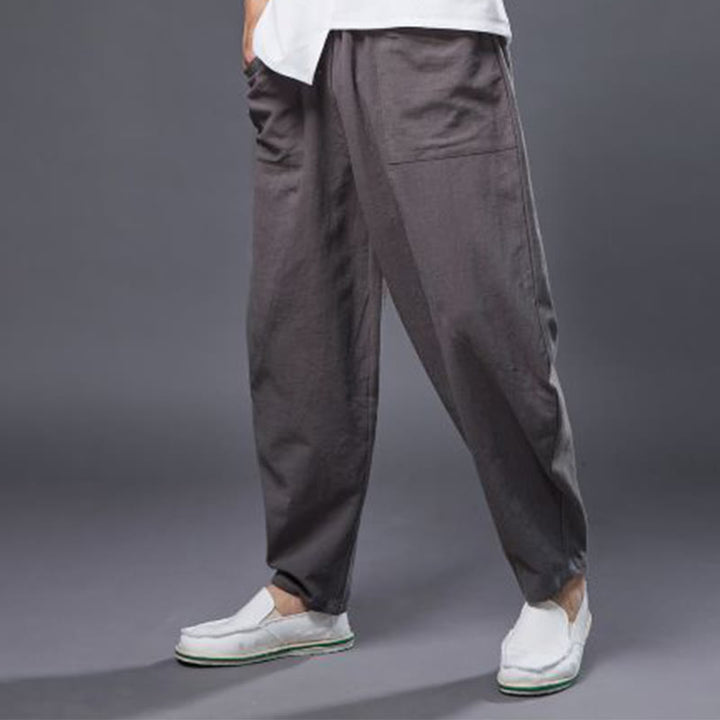 Buddha Stones Solid Color Cotton Ramie Linen Men's Elastic Waist Harem Pants With Pockets - image 40