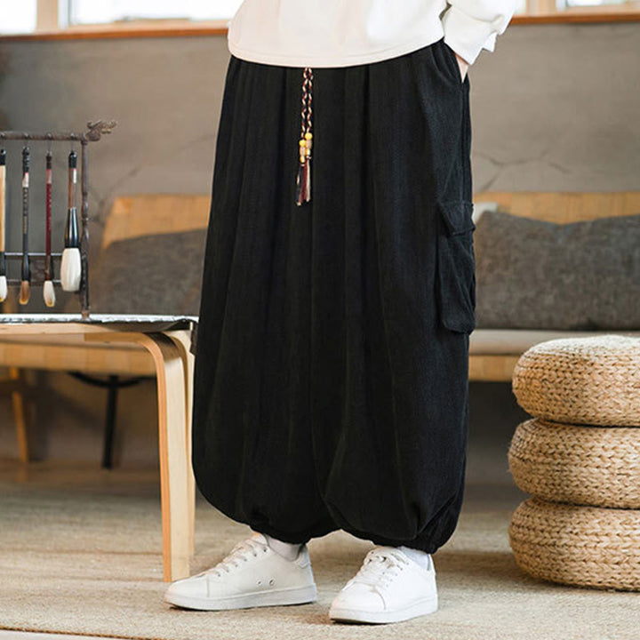 Buddha Stones Fall Winter Men's Drawstring Chenille Corduroy Cargo Pants With Pockets