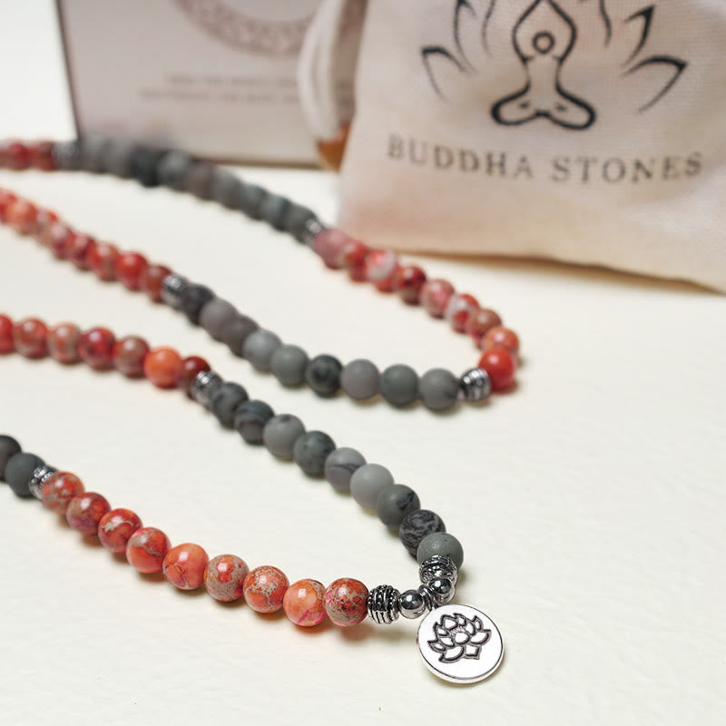 Buddha Stones 108 Mala Beads Natural Stone Sea Sediment Jasper Lotus Protection Bracelet