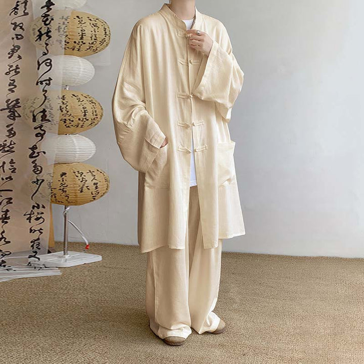 Buddha Stones 2Pcs Men's Long Sleeve Frog-Button Shirt Pants Meditation Zen Cotton Clothing Set - Wheat - US/UK/AU46，EU56 (5XL) - image 1