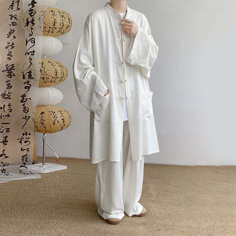 Buddha Stones 2Pcs Men's Long Sleeve Frog-Button Shirt Pants Meditation Zen Cotton Clothing Set - White - US/UK/AU46，EU56 (5XL) - image 3