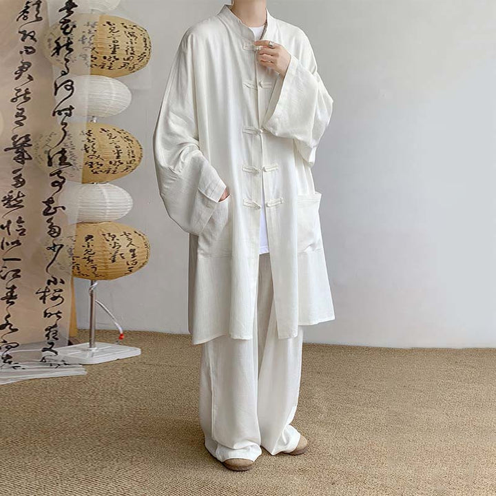 Buddha Stones 2Pcs Men's Long Sleeve Frog-Button Shirt Pants Meditation Zen Cotton Clothing Set - White - US/UK/AU46，EU56 (5XL) - image 4