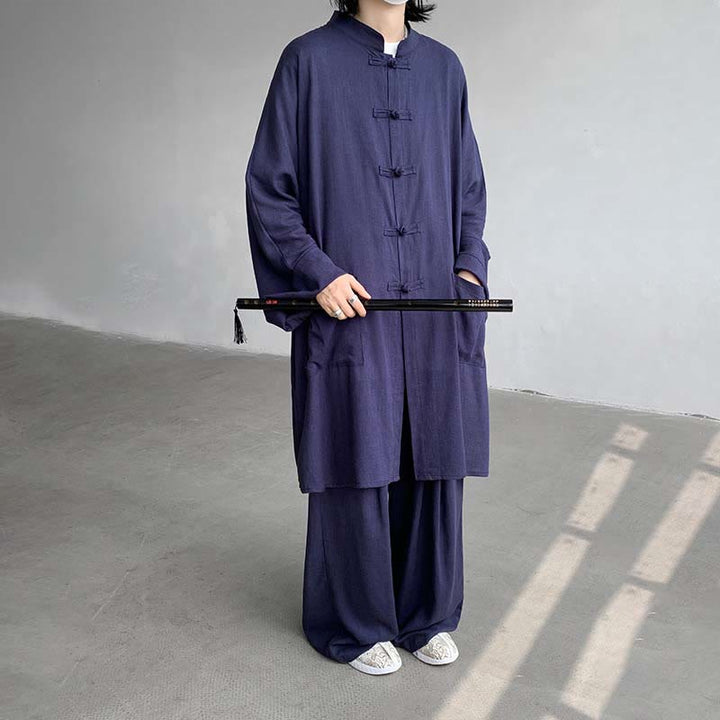 Buddha Stones 2Pcs Men's Long Sleeve Frog-Button Shirt Pants Meditation Zen Cotton Clothing Set - SteelBlue - US/UK/AU46，EU56 (5XL) - image 11