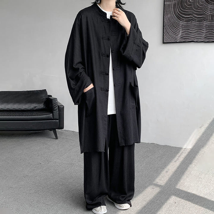 Buddha Stones 2Pcs Men's Long Sleeve Frog-Button Shirt Pants Meditation Zen Cotton Clothing Set - Black - US/UK/AU46，EU56 (5XL) - image 21