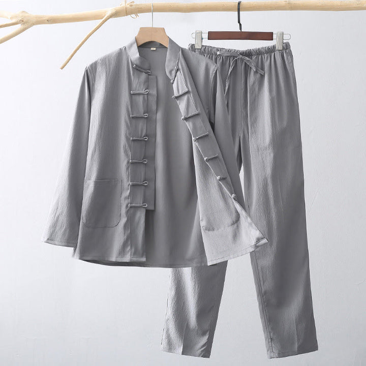 Buddha Stones 2Pcs Tang Suit Traditional Frog-Button Men's Long Sleeve Shirt Pants Clothing Set - Gray - US/UK/AU44，EU54 (4XL) - image 8