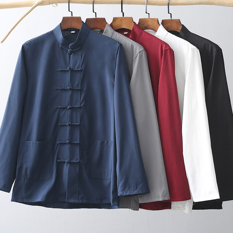 Buddha Stones 2Pcs Tang Suit Traditional Frog-Button Men's Long Sleeve Shirt Pants Clothing Set - image 1