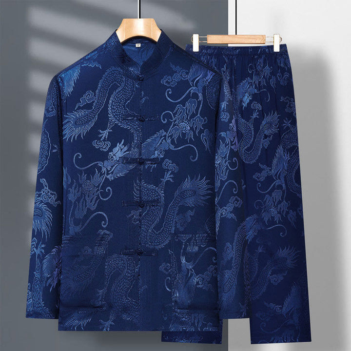 Buddha Stones 2Pcs Tang Suit Dragon Frog-Button Men's Long Sleeve Shirt Pants Clothing Set