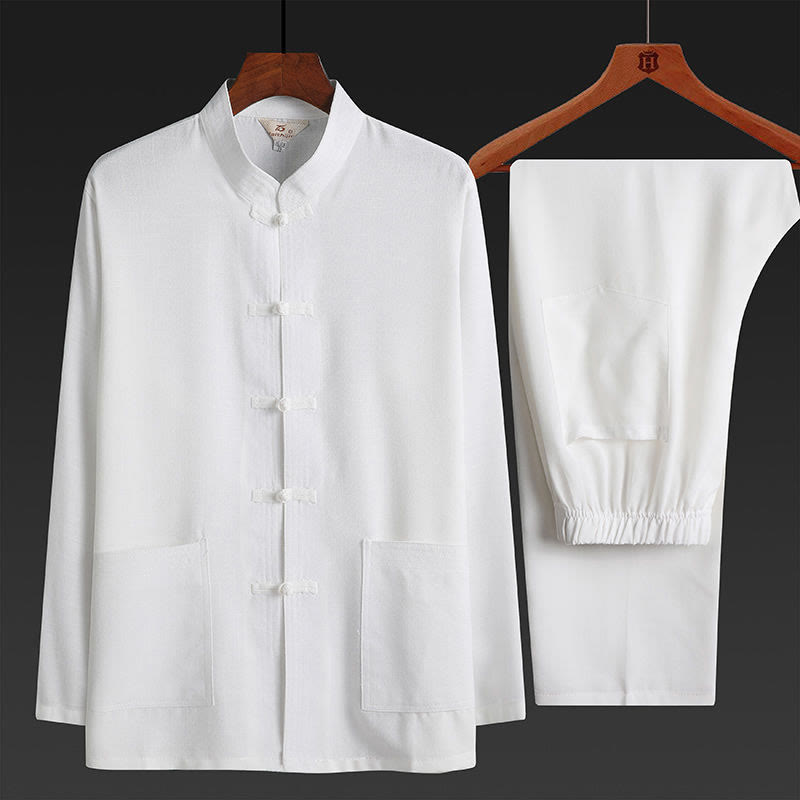 Buddha Stones 2Pcs Tang Suit Plain Color Frog-Button Men's Long Sleeve Shirt Pants Set - White - 2Pcs Set - US/UK/AU42，EU52 (4XL) - image 19