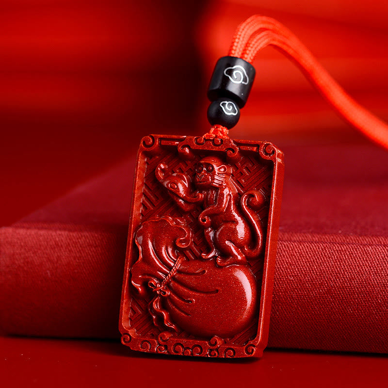 Buddha Stones Chinese Zodiac Cinnabar Rectangle Calm Necklace Pendant