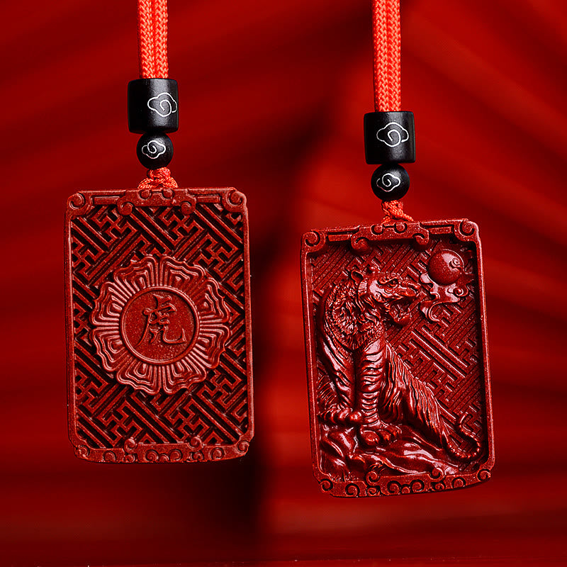 Buddha Stones Chinese Zodiac Cinnabar Rectangle Calm Necklace Pendant