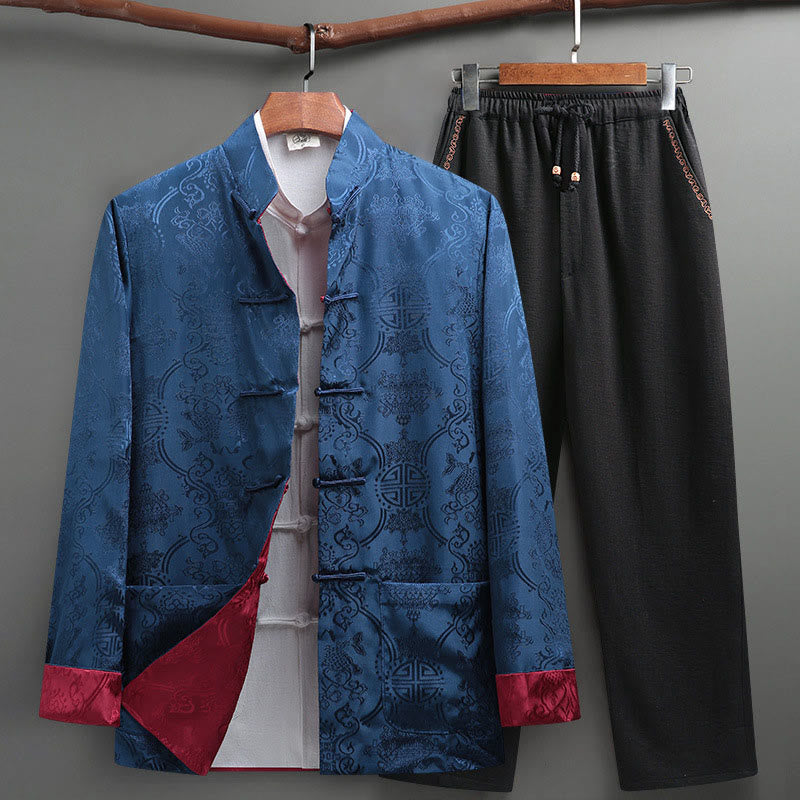 Buddha Stones 2Pcs Men's Tang Suit Koi Fish Pattern Frog-Button Long Sleeve Shirt Pants Set - CornflowerBlue - US/UK/AU42，EU52 (3XL) - image 18