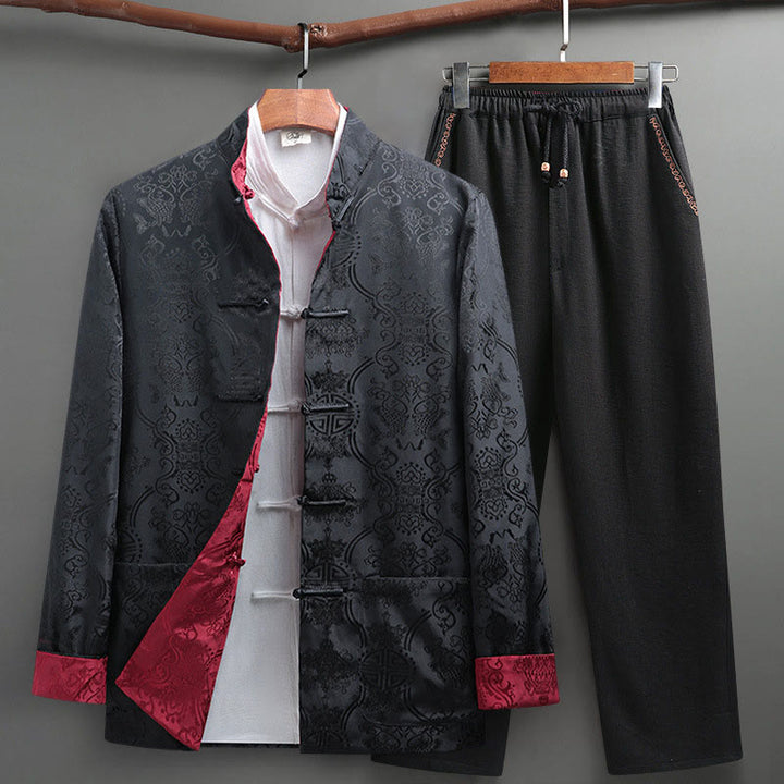 Buddha Stones 2Pcs Men's Tang Suit Koi Fish Pattern Frog-Button Long Sleeve Shirt Pants Set - DarkGray - US/UK/AU42，EU52 (3XL) - image 20