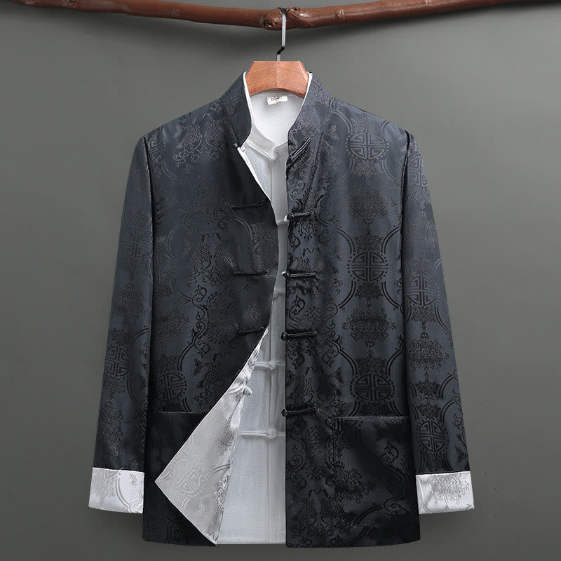 Buddha Stones 2Pcs Men's Tang Suit Koi Fish Pattern Frog-Button Long Sleeve Shirt Pants Set - image 1